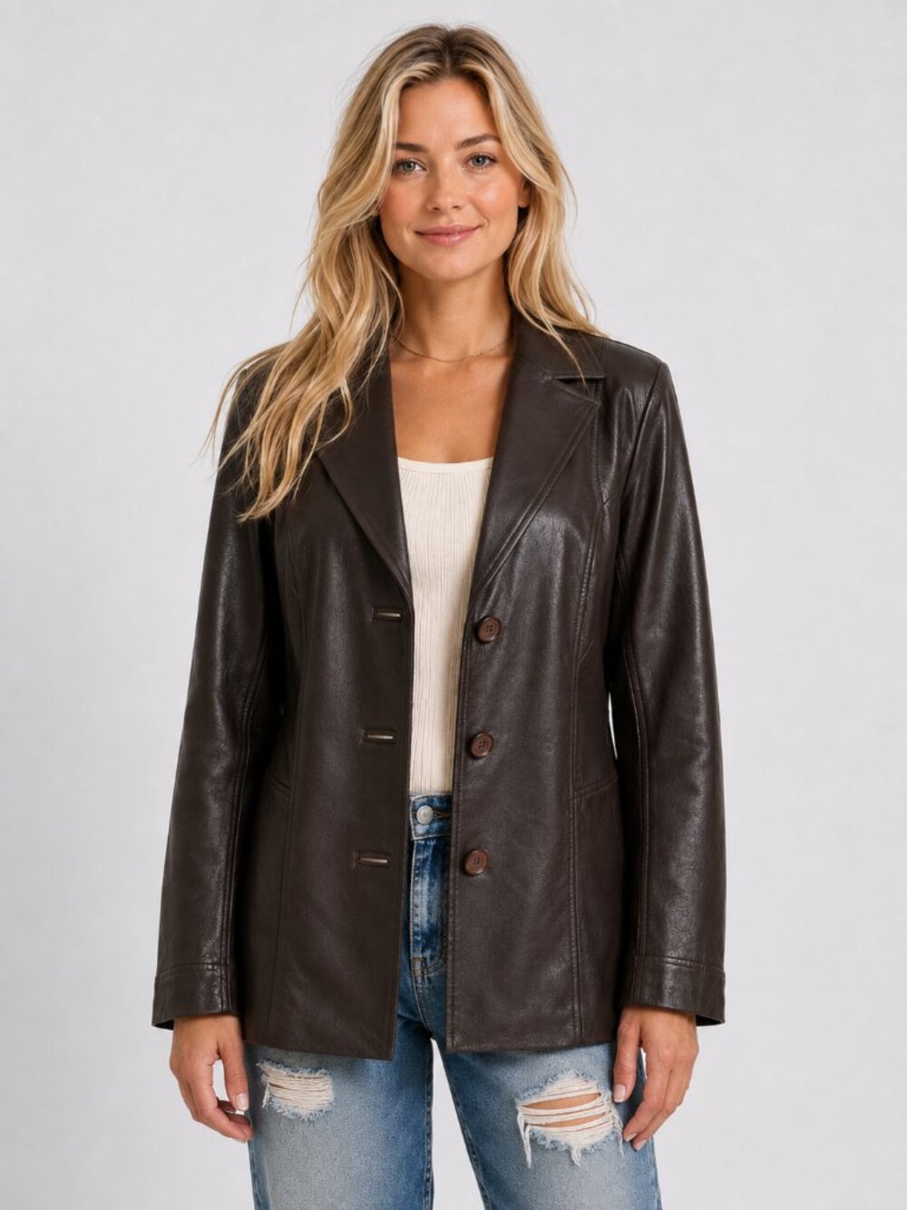 East 5th Genuine Leather Button Closure Blazer Jacket Brown Women’s Large Y2K